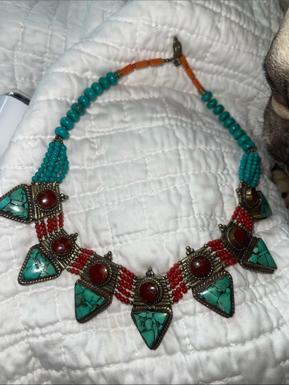 Source Unknown Turquoise and Red Bead Tribal Necklace